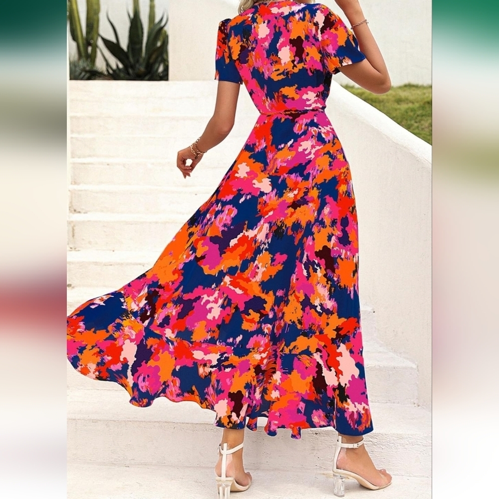Prettygarden Floral Midi Maxi Wrap Dress Size Large Short Sleeve Floral - Picture 2 of 16